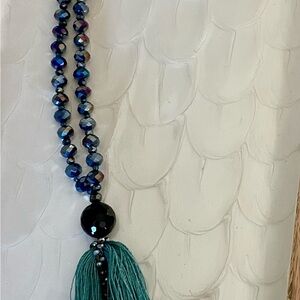 Park Lane Blue and Black Beaded Necklace with Teal Tassel